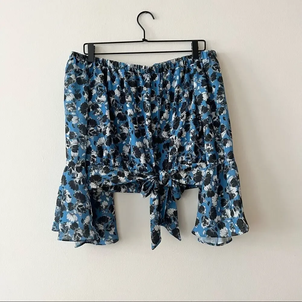 Parker Blue Floral Tie Front Off-the-Shoulder Blouse